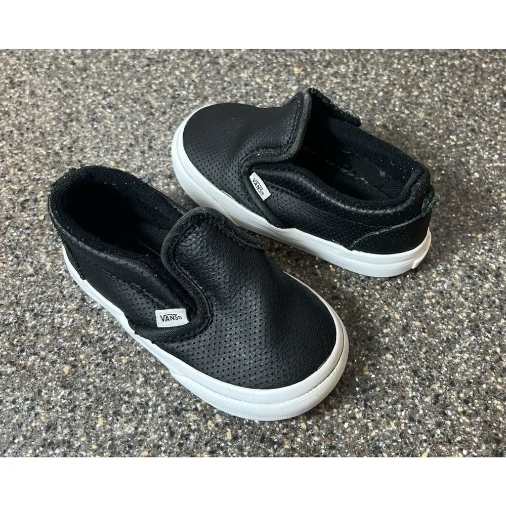 Vans Classic Little Kids Toddler Sz 6 Black Leather Sneaker Shoe Snap On Low Top